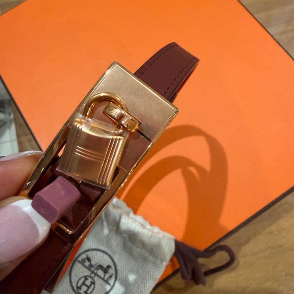 Hermes Belt F Lucky 15 Swift/Epsom in reversible color Rouge H/ Capucine size 70
